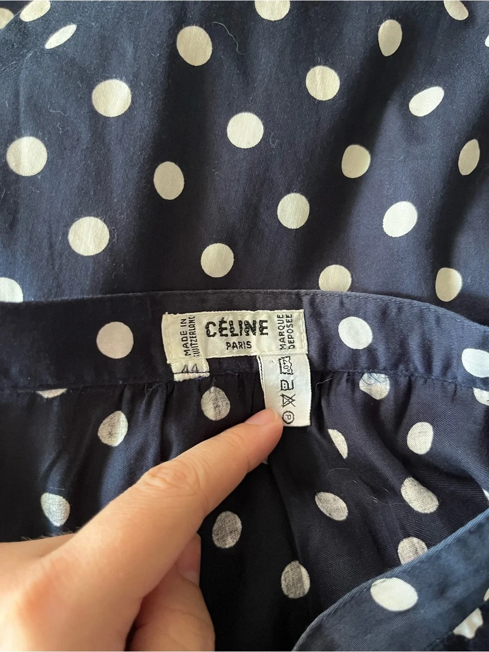 Celine Navy A-Line Skirt with White Polka Dots